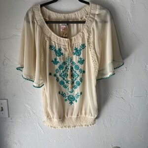 Flying Tomato NWT‎ Cream Embroidered Sheer Top Blouse Bohemian Tunic Festival